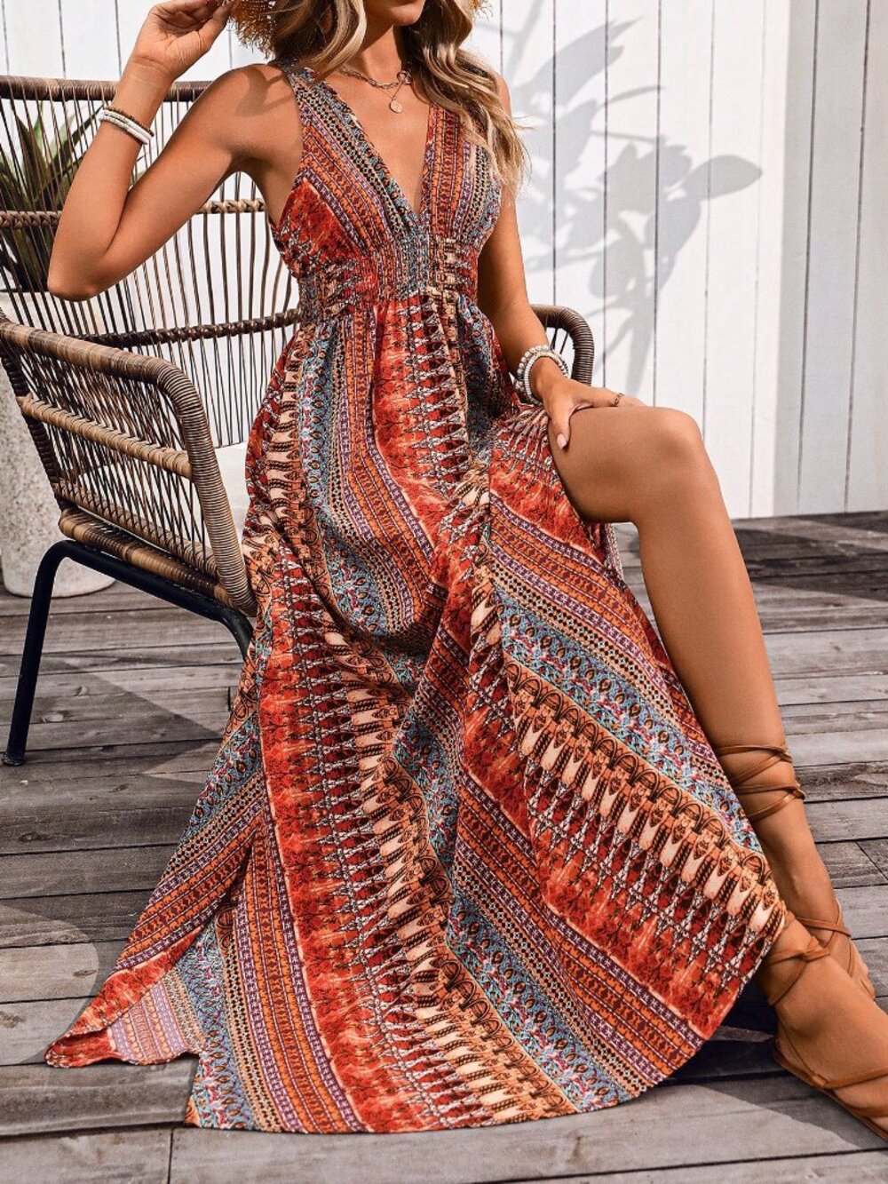 Multicolor Boho  Women's Casual Hawaiian Vacation Beach Maxi Dress - Picture 6 of 6